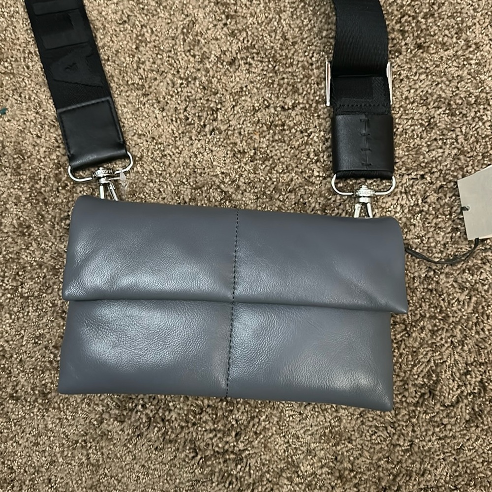 🔥NEW🔥 AllSaints Ezra Quilted Logo Guitar Strap Crossbody- Grey Leather NWT